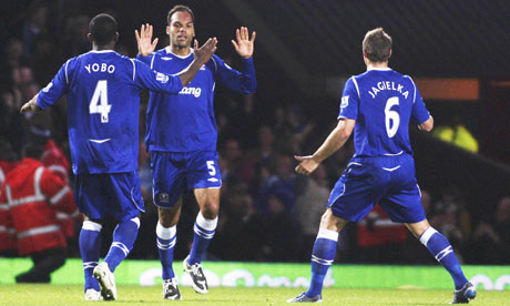 Joleon Lescott celebrates his equaliser for Everton against West Ham at Upton Park.